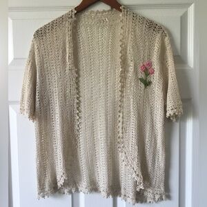 Crochet Open-Front Cardigan with Embroidered Roses - Cream